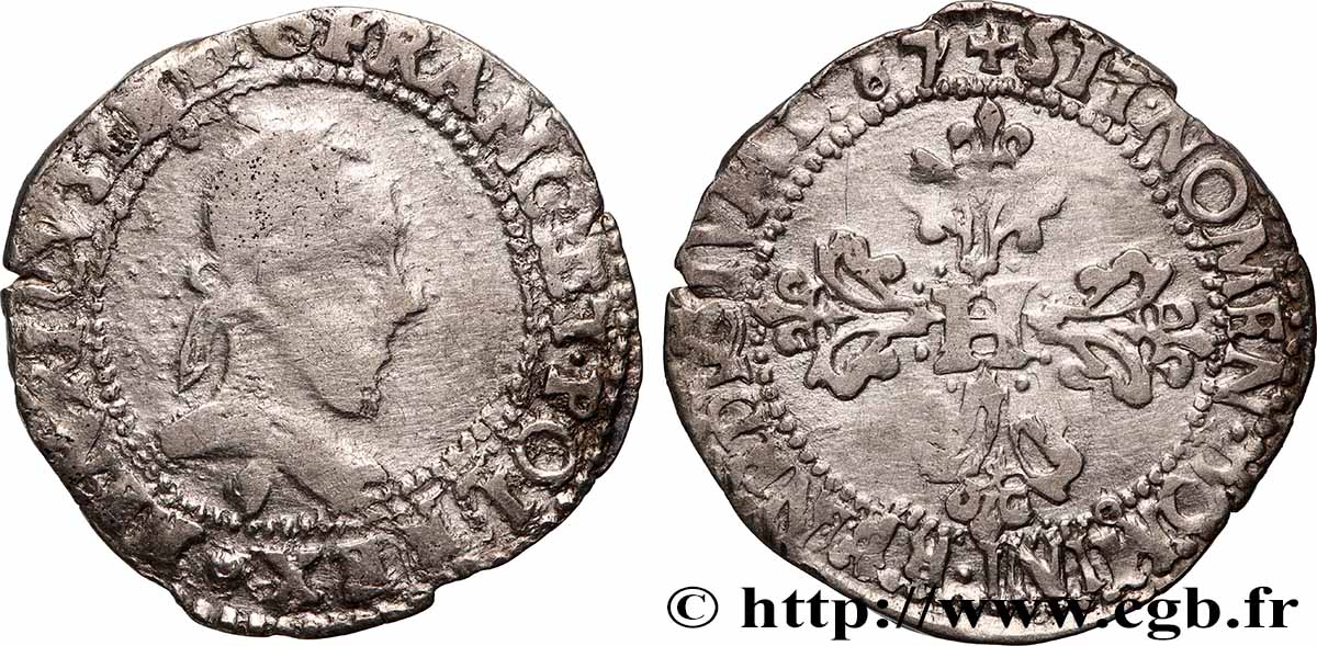 HENRY III Quart de franc au col plat 1587 Rennes VF/VF