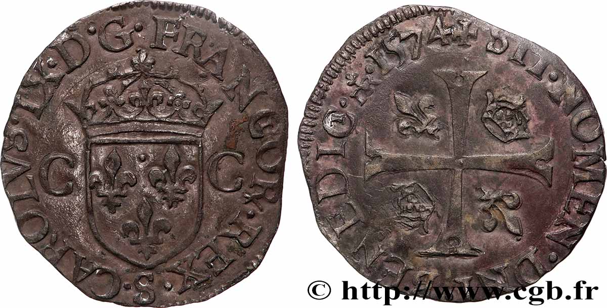 CHARLES IX Douzain aux deux C, 1er type 1574 Troyes TTB+