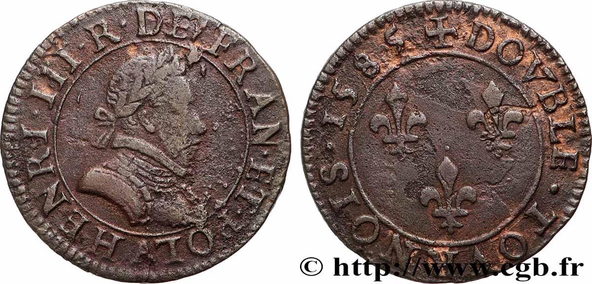 HENRY III Double tournois, 3e type de Paris 1585 Paris, Moulin des Étuves VF