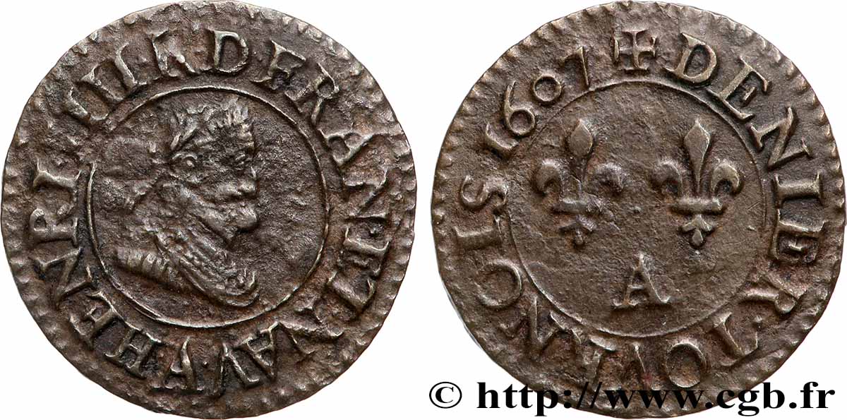 HENRY IV Denier tournois, 2e type de Paris (légende française) 1607 Paris, Moulin des Étuves XF