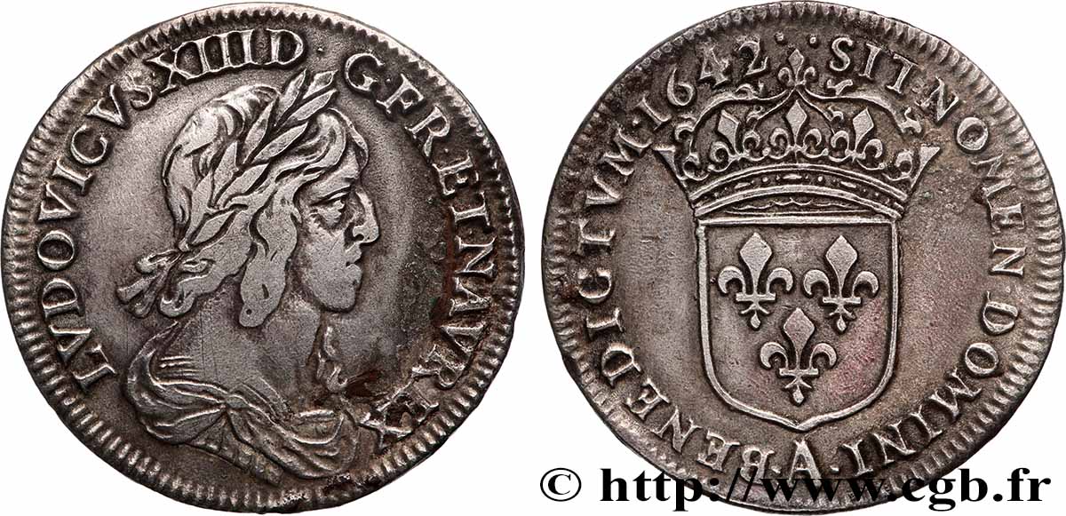 LOUIS XIII  Quart d&nbsp;écu, buste drapé et cuirassé (2e buste de Jean Warin) 1642 Paris XF