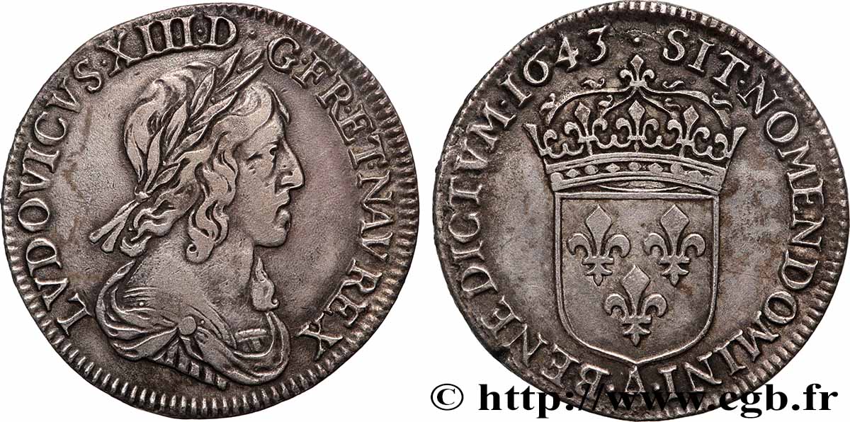 LOUIS XIII Quart d&nbsp;écu, buste drapé et cuirassé (2e buste de Jean Warin) 1643 Paris, Monnaie de Matignon XF