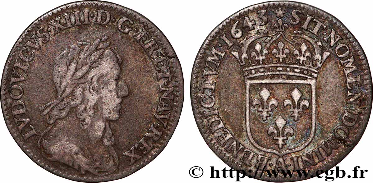 LOUIS XIII  Douzième d&nbsp;écu, buste drapé et cuirassé (2e buste de Jean Warin) 1643 Paris, Monnaie de Matignon VF/XF