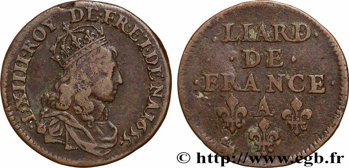 LOUIS XIV LE GRAND OU LE ROI SOLEIL Liard de cuivre 1655 Corbeil TTB