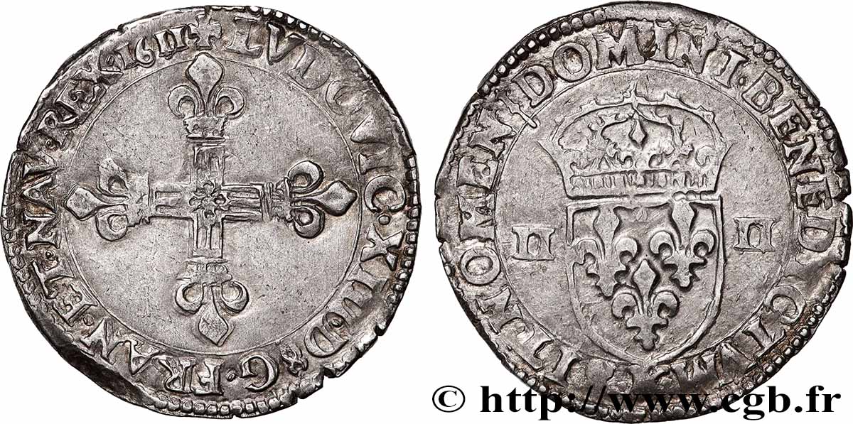 LOUIS XIII  Quart d&nbsp;écu, à la croix fleurdelisée, titulature côté croix 1611 Bordeaux AU