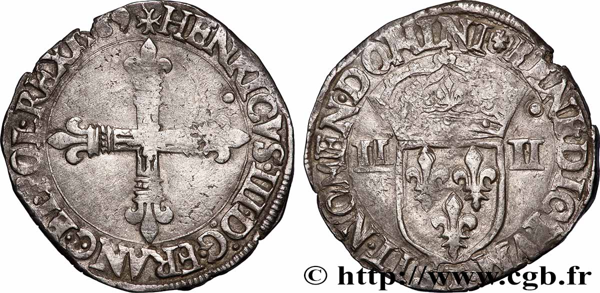 HENRI III Quart d&nbsp;écu, croix de face 1589 Nantes TTB