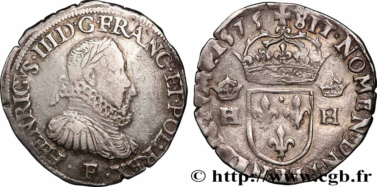 HENRI III Teston 3e type, col fraisé 1575 Angers TTB