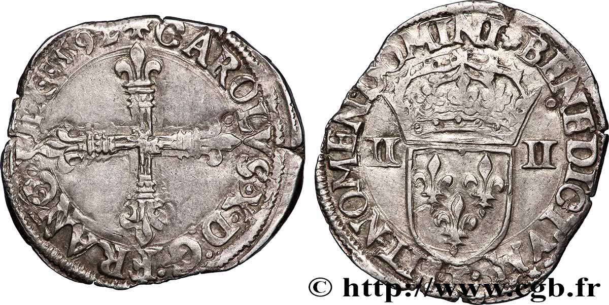 CHARLES X, CARDINAL OF BOURBON Quart d&nbsp;écu, croix de face 1592 Nantes SS/fVZ