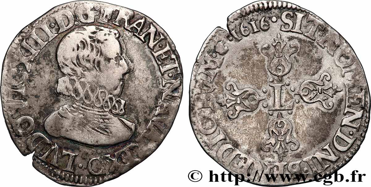 LOUIS XIII LE JUSTE Demi-franc à la tête nue adolescente de Saint-Lô 1616 Saint-Lô TB+/TTB