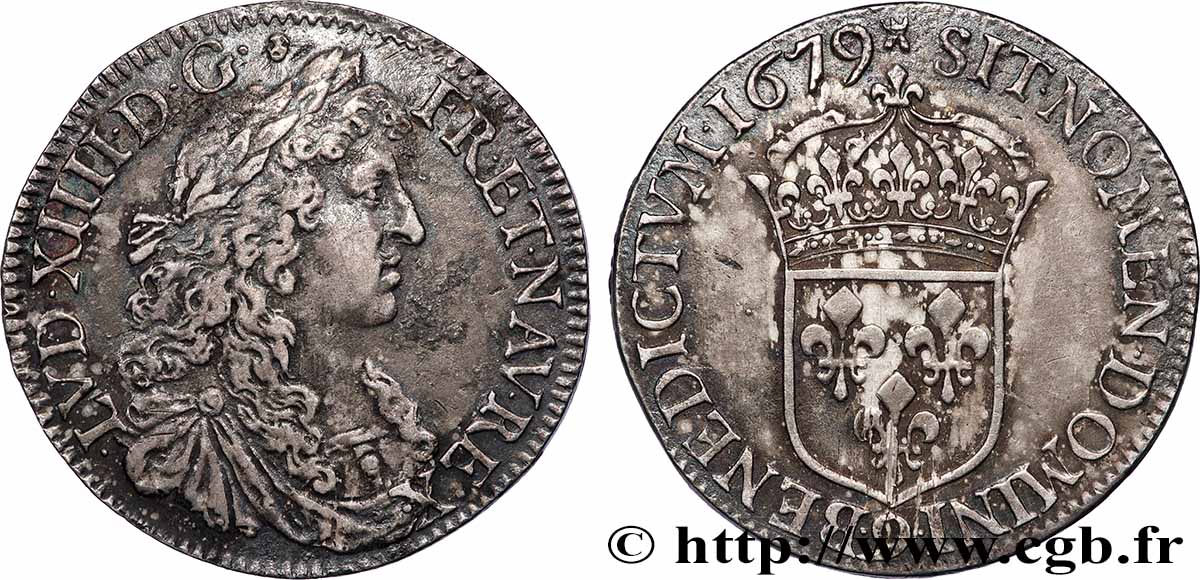 LOUIS XIV LE GRAND OU LE ROI SOLEIL Demi-écu, portrait apollinien 1679 Rennes TTB+