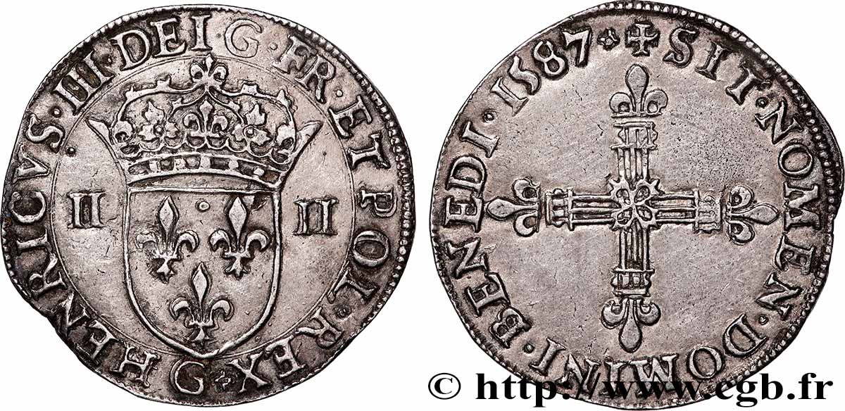 HENRY III Quart d&nbsp;écu, écu de face 1587 Poitiers SPL