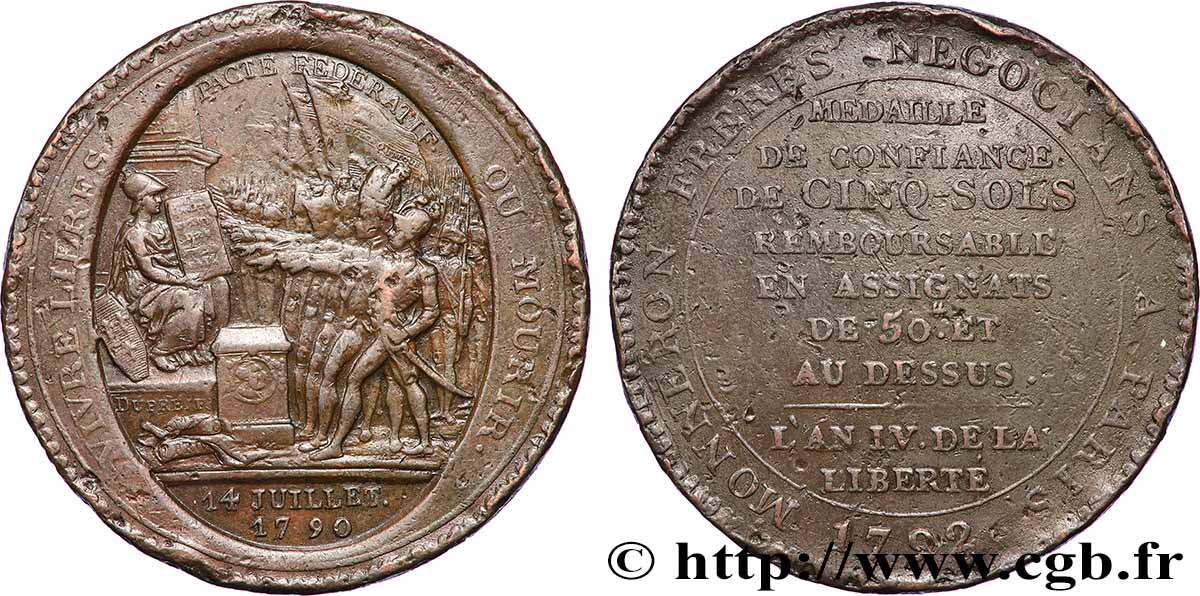 CONFIANCE (MONNAIES DE...) Monneron de 5 sols au serment (An IV), 3e type 1792 Birmingham, Soho TB+/TTB