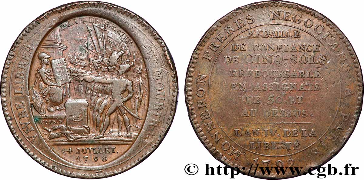 CONFIANCE (MONNAIES DE...) Monneron de 5 sols au serment (An IV), 3e type 1792 Birmingham, Soho TB+/TTB