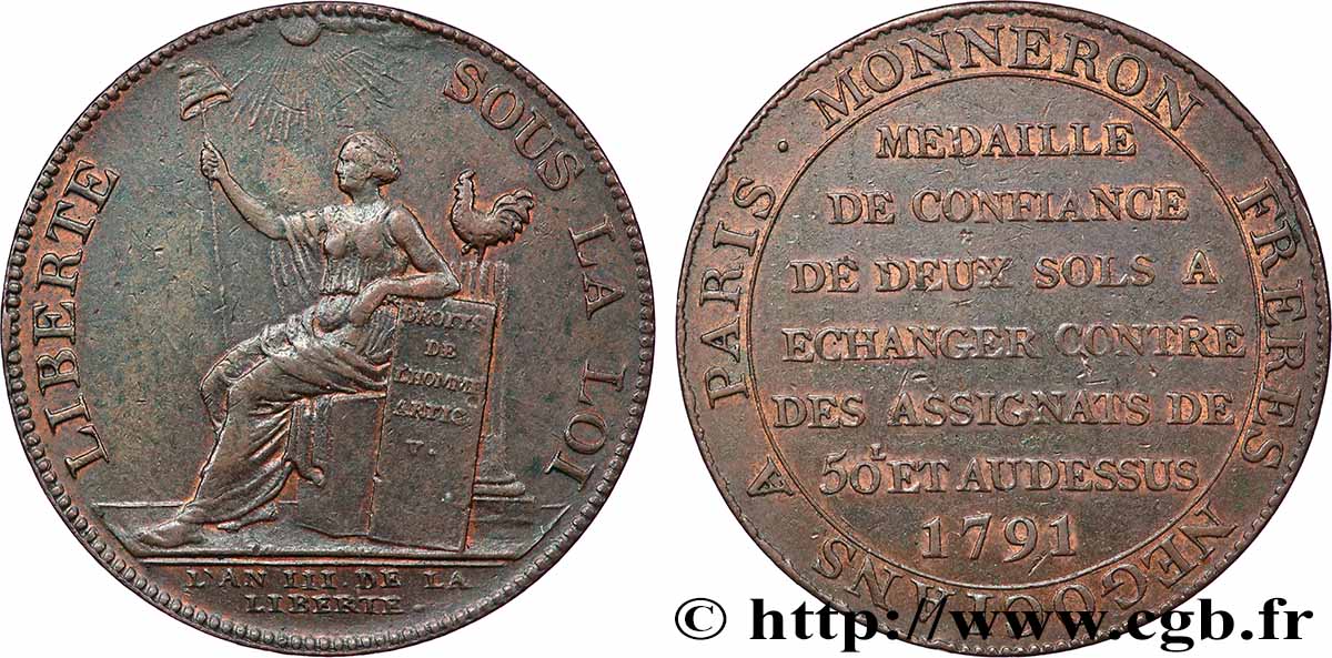 CONFIANCE (MONNAIES DE...) Monneron de 2 sols à la Liberté 1791 Birmingham, Soho TTB+/SUP