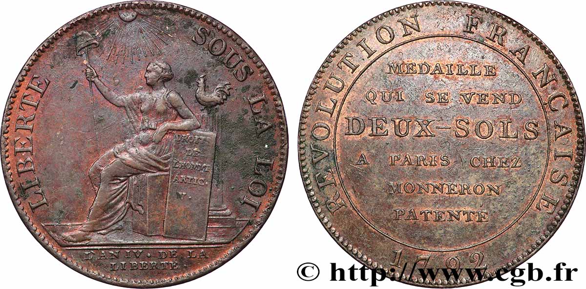 CONFIANCE (MONNAIES DE...) Monneron de 2 sols à la Liberté 1791 Birmingham, Soho TTB+/SUP