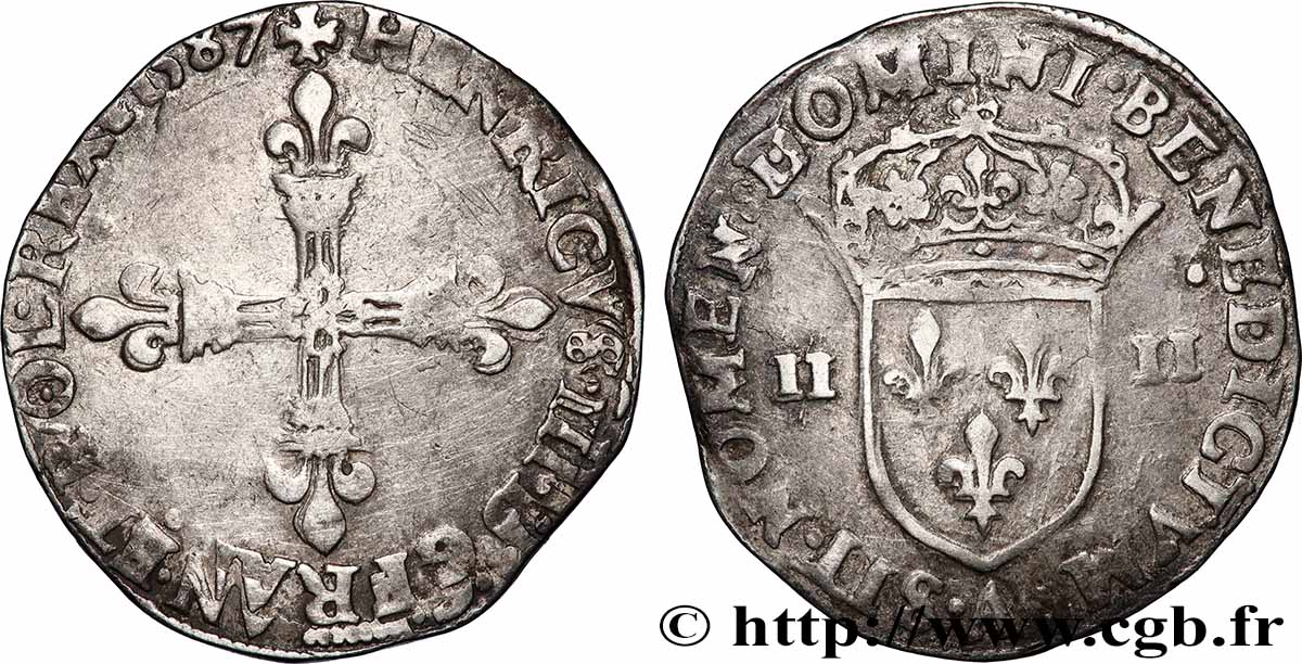 HENRI III Quart d&nbsp;écu, croix de face 1587 Paris TB+/TTB