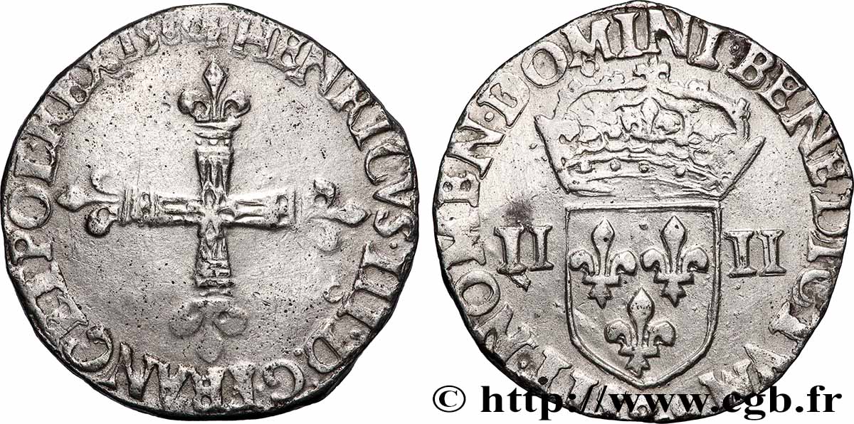 HENRY III Quart d&nbsp;écu, croix de face 1580 Rennes VF/XF