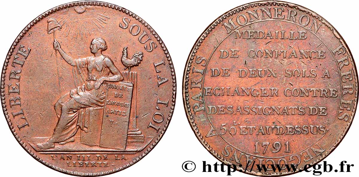 REVOLUTION COINAGE Monneron de 2 sols à la Liberté 1791 Birmingham, Soho XF