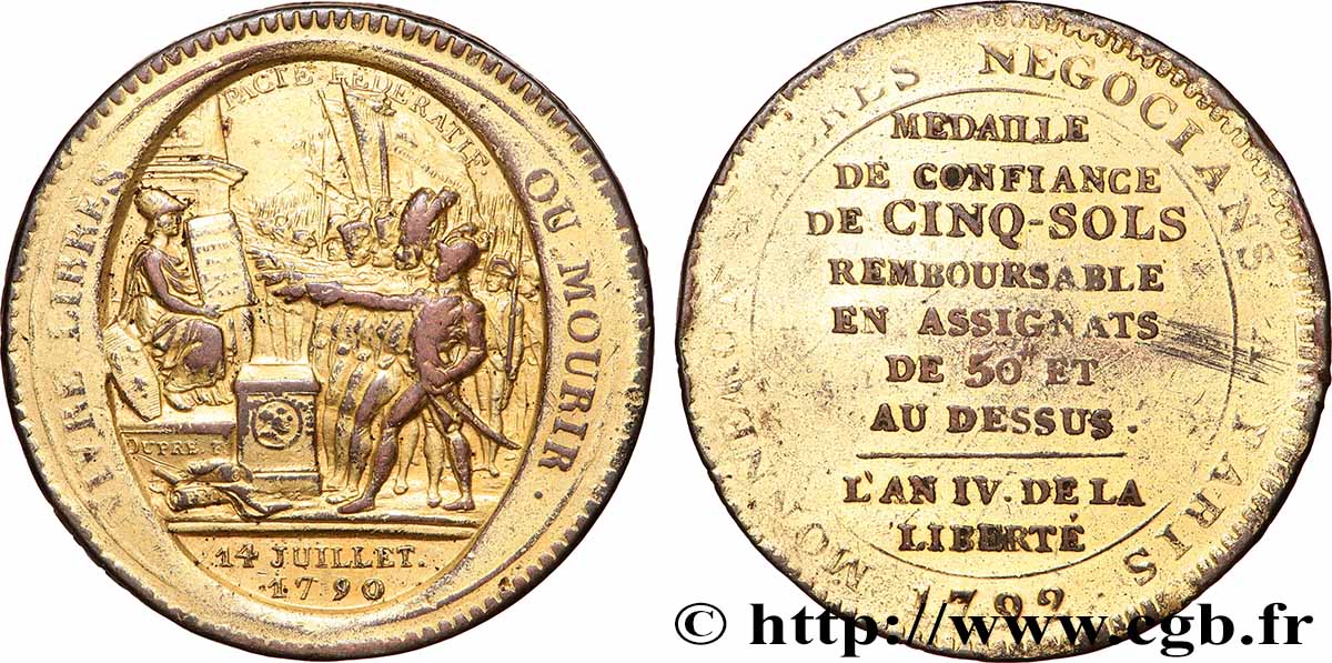REVOLUTION COINAGE Monneron de 5 sols au serment (An IV), 3e type 1792 Birmingham, Soho XF/VF