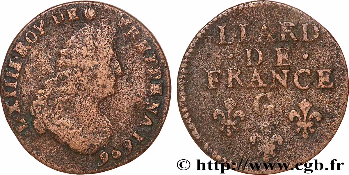 LOUIS XIV &nbsp;THE SUN KING&nbsp; Liard, 3e type, buste âgé 1696 Poitiers VF