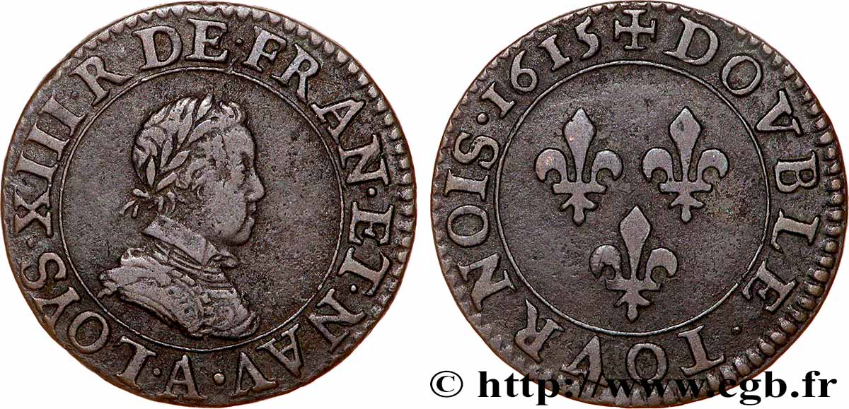LOUIS XIII LE JUSTE Double tournois, type 1 1615 Paris, Moulin du Louvre TTB