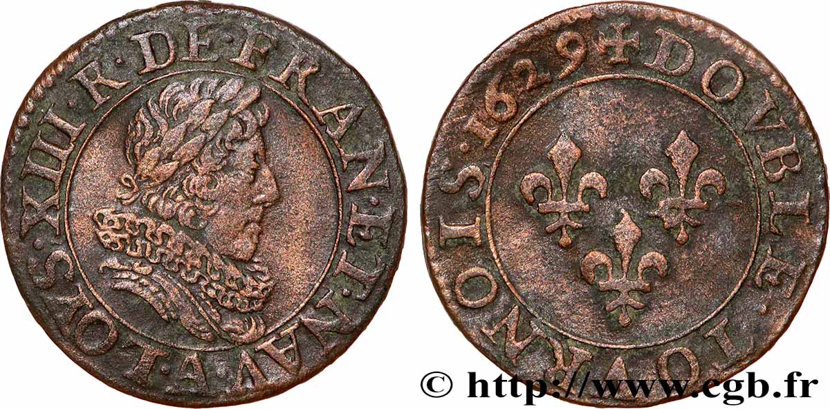 LOUIS XIII LE JUSTE Double tournois, type 5 de Paris 1629 Paris TTB