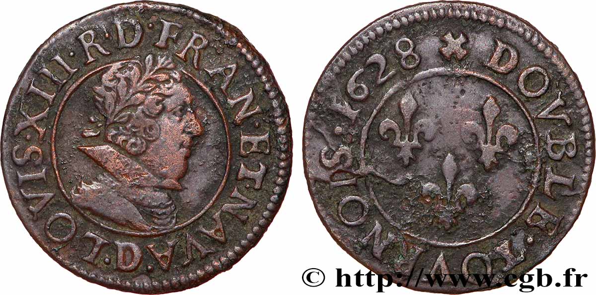 LOUIS XIII LE JUSTE Double tournois, 6e type 1628 Lyon TTB