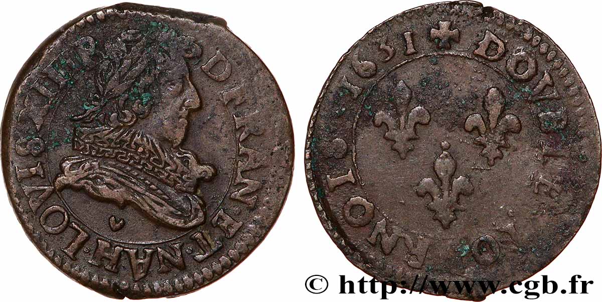LOUIS XIII  Double tournois, type 1 1631 La Rochelle XF