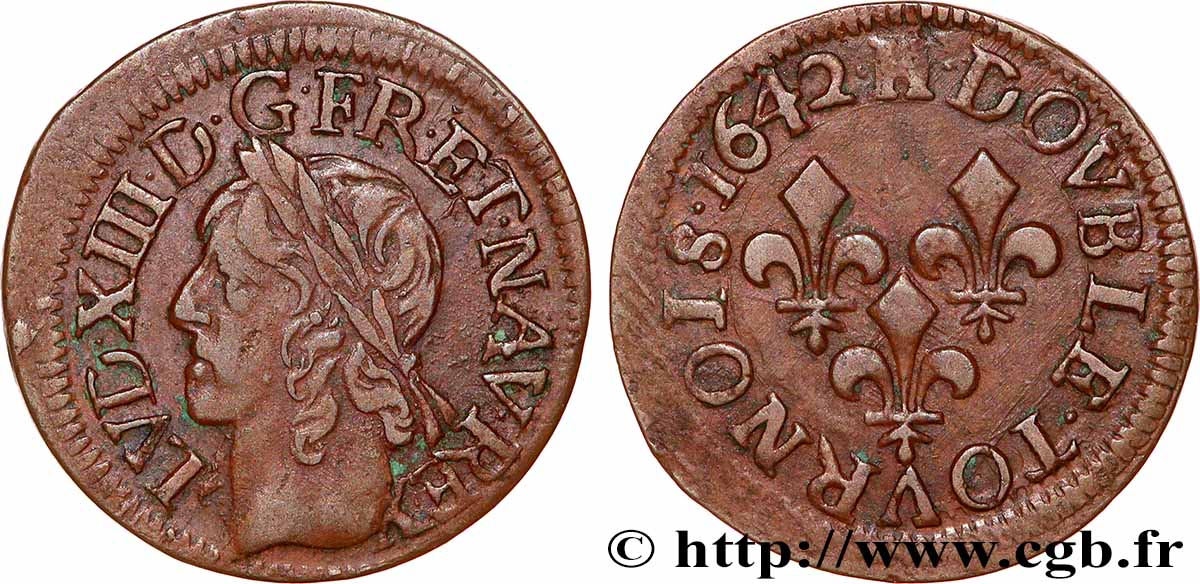 LOUIS XIII LE JUSTE Double tournois, type de Warin 1642 La Rochelle TTB