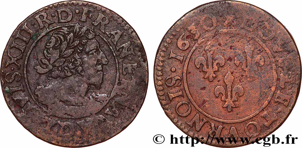 LOUIS XIII  Double tournois, type 7 de Lyon, buste viril barbu et drapé 1630 Lyon q.BB