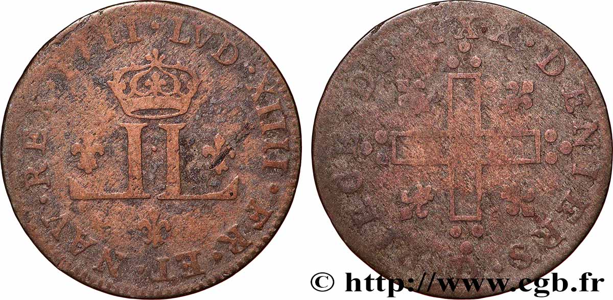 LOUIS XIV &nbsp;THE SUN KING&nbsp; XXX deniers aux 2 L couronnées 1711 Lyon VF