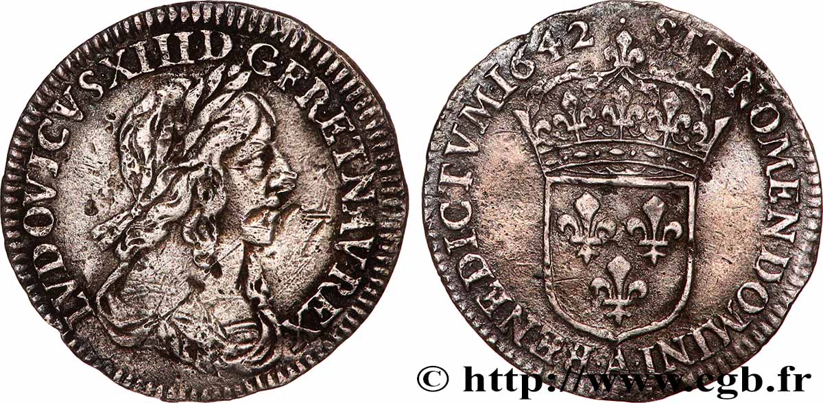 LOUIS XIII  Douzième d&nbsp;écu, buste drapé et cuirassé (2e buste de Jean Warin) 1642 Paris, Monnaie du Louvre VF