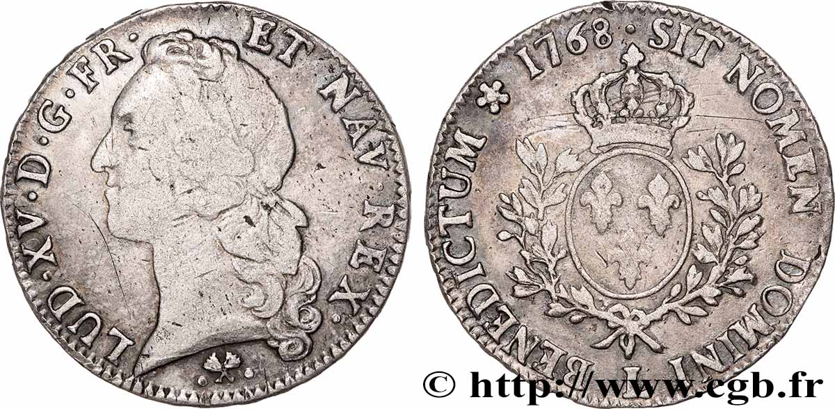 LOUIS XV &nbsp;THE WELL-BELOVED&nbsp; Écu aux branches d’olivier, tête ceinte d’un bandeau 1768 Bayonne VF