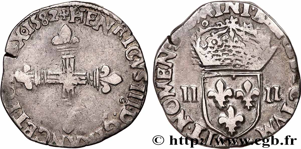 HENRY III Quart d&nbsp;écu, croix de face 1582 Rennes VF