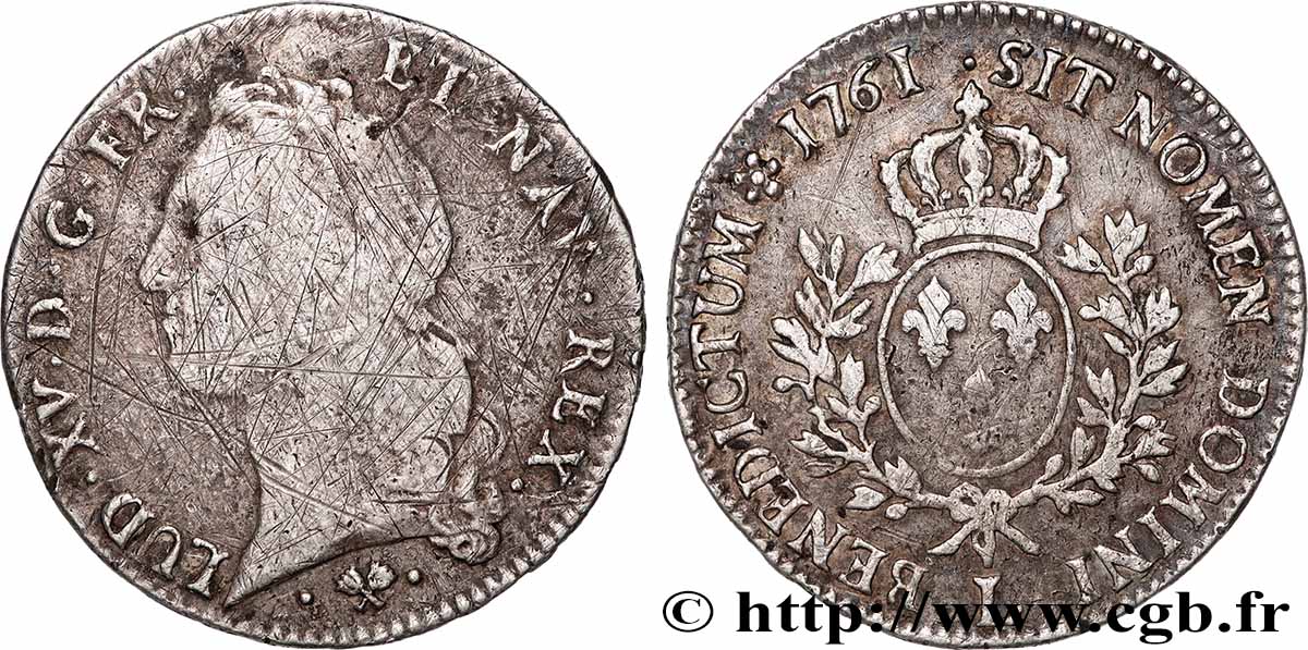 LOUIS XV THE BELOVED Écu aux branches d’olivier, tête ceinte d’un bandeau 1761 Bayonne VF