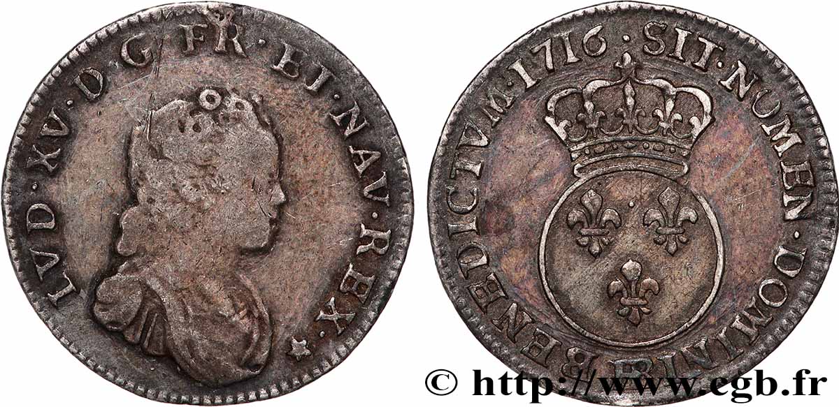 LOUIS XV THE BELOVED Dixième d&nbsp;écu dit &nbsp;vertugadin&nbsp; 1716 Strasbourg VF/XF