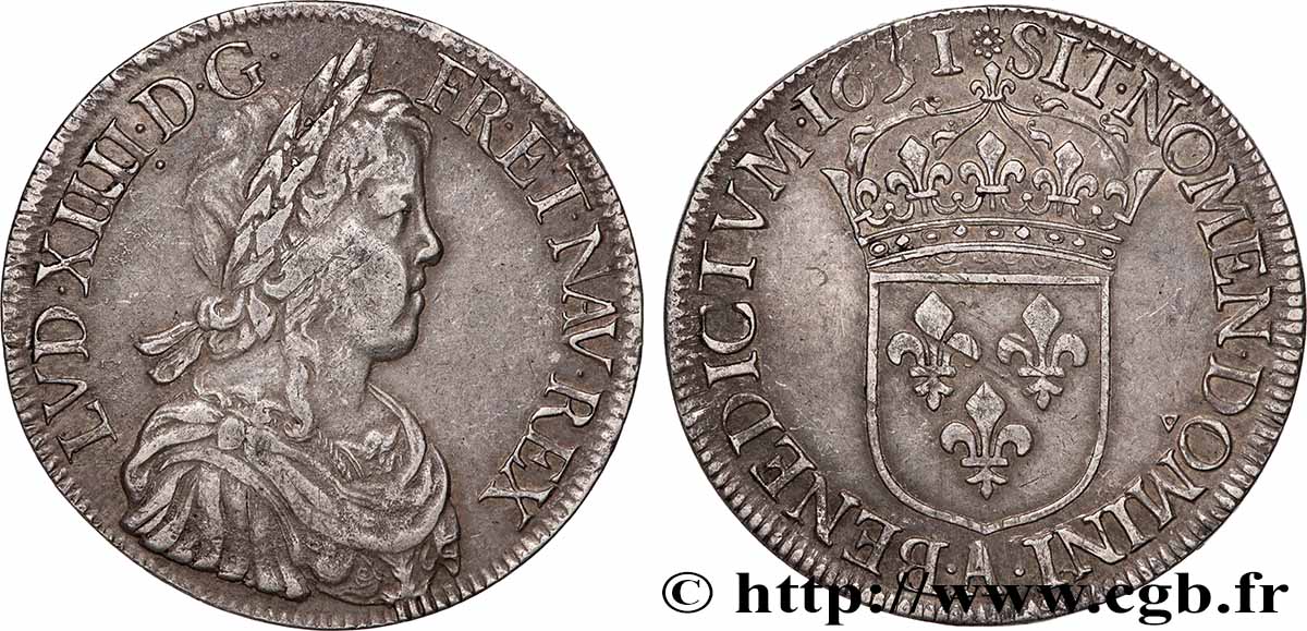 LOUIS XIV &nbsp;THE SUN KING&nbsp; Écu, portrait à la mèche longue 1651 Paris XF