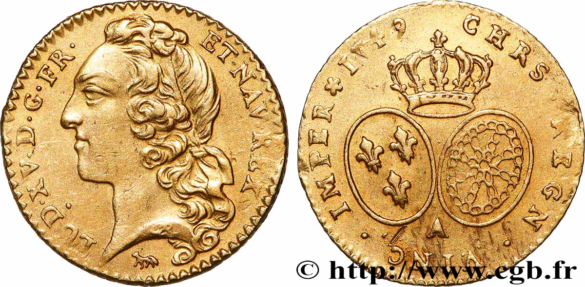 LOUIS XV &nbsp;THE WELL-BELOVED&nbsp; Demi-louis d’or aux écus ovales, tête ceinte d’un bandeau 1749 Paris SPL/q.SPL