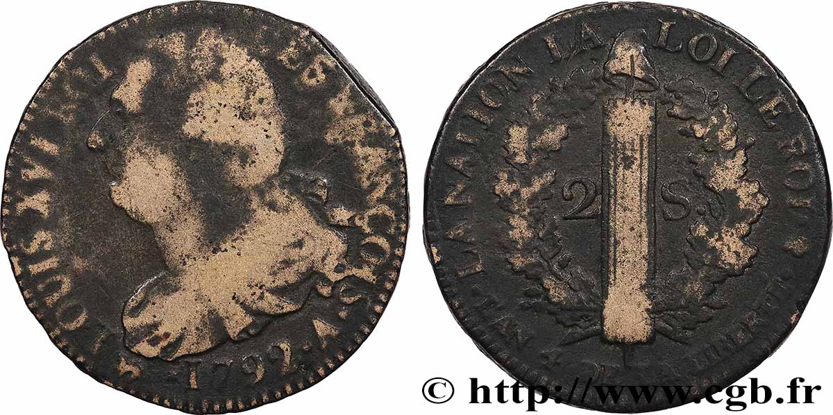 LOUIS XVI 2 sols dit &nbsp;au faisceau&nbsp;, type FRANÇOIS 1792 Paris MB/q.BB
