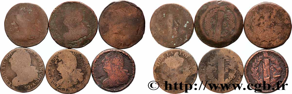 LOUIS XVI (MONARQUE CONSTITUTIONNEL)  2 sols dit &nbsp;au faisceau&nbsp;, types divers, lot de 6 ex. n.d. Ateliers divers Lot