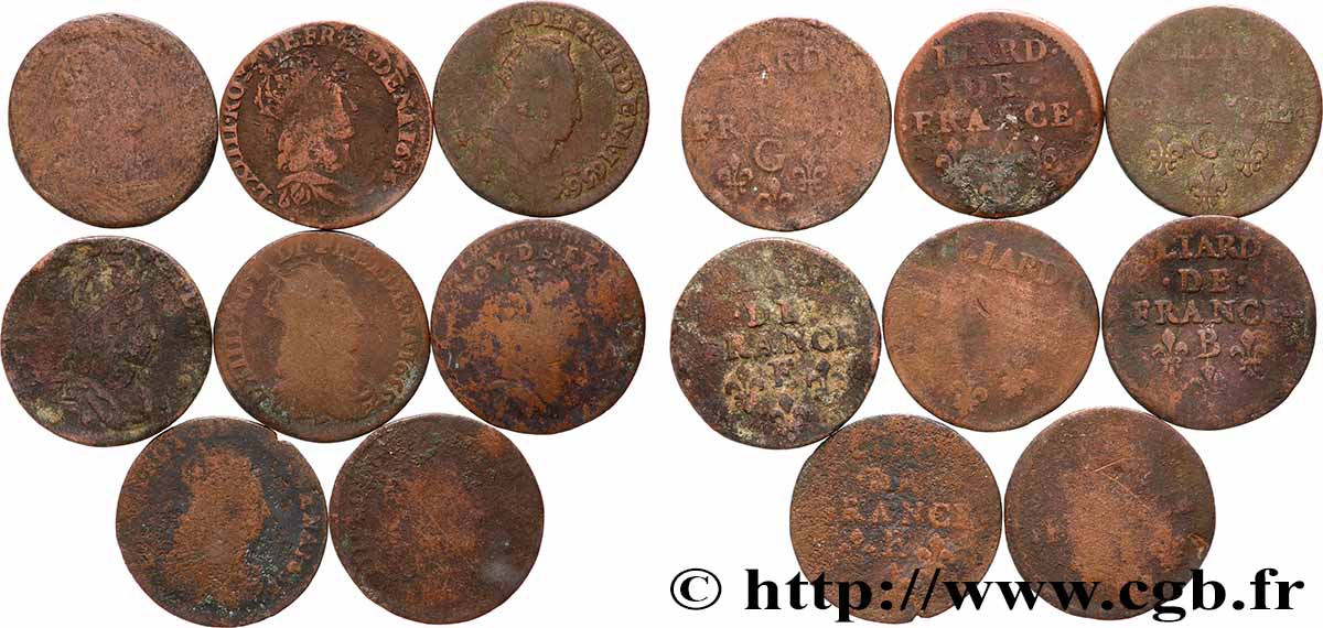 LOUIS XIV &nbsp;THE SUN KING&nbsp; Liard de cuivre “à la tête couronnée”, lot de 8 ex. n.d. Ateliers divers lot