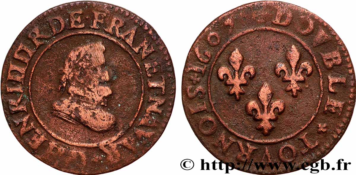 HENRI IV LE GRAND Double tournois, 1er type 1607 Lyon TB+/TTB