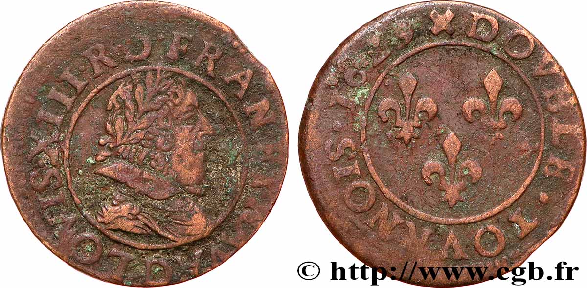 LOUIS XIII  Double tournois, type 6 de Lyon 1629 Lyon q.BB