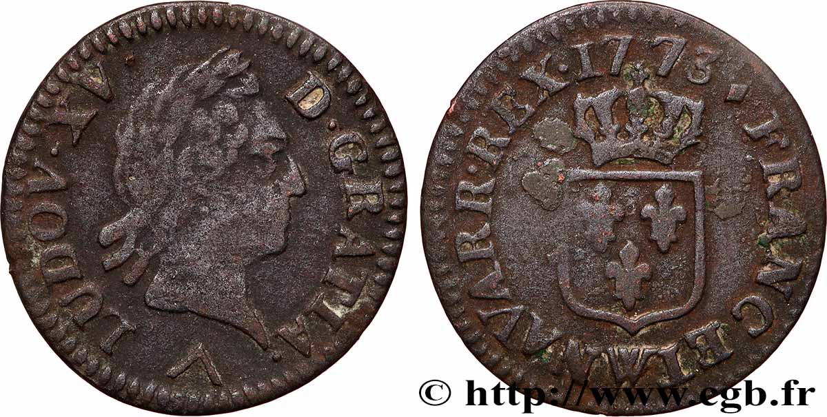 LOUIS XV THE BELOVED Liard dit &nbsp;à la vieille tête&nbsp; 1773 Lille VF