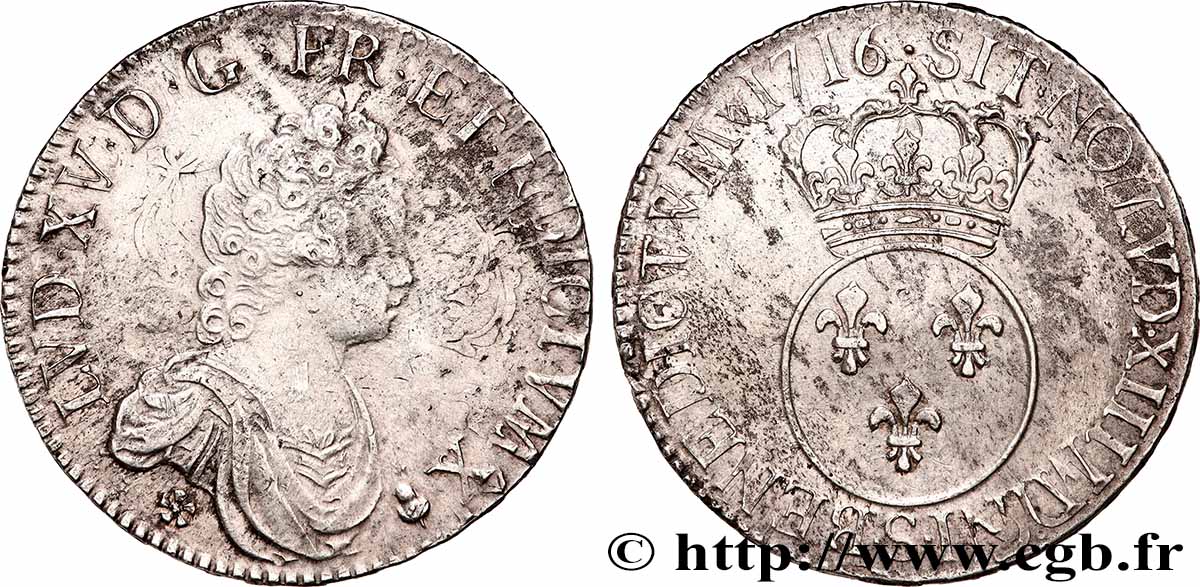 LOUIS XV THE BELOVED Écu dit &nbsp;vertugadin&nbsp; 1716 Reims AU