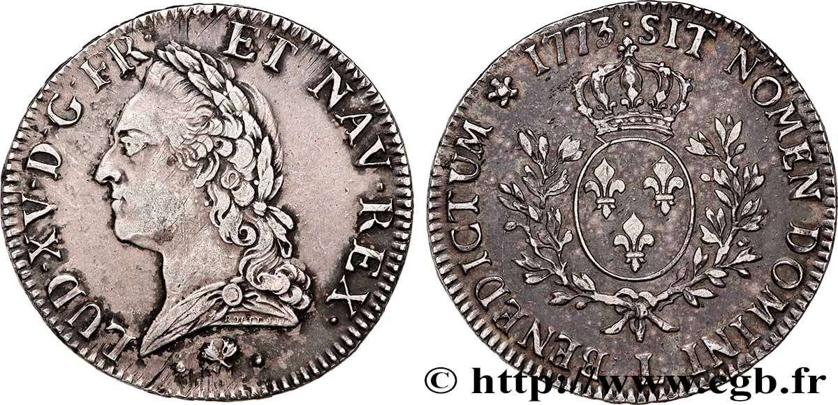 LOUIS XV THE BELOVED Écu aux branches d’olivier, buste lauré 1773 Bayonne AU/XF