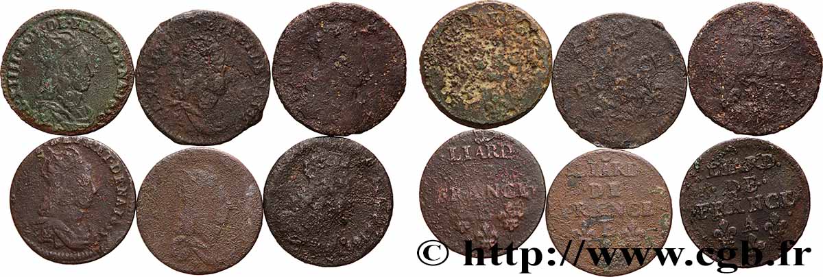 LOUIS XIV &nbsp;THE SUN KING&nbsp; Liard de cuivre “à la tête couronnée”, lot de 6 ex. n.d. Ateliers divers lotto