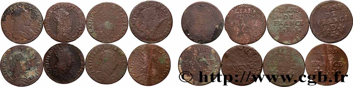LOUIS XIV LE GRAND OU LE ROI SOLEIL Liard de cuivre “à la tête couronnée”, lot de 8 ex. n.d. Ateliers divers Lot