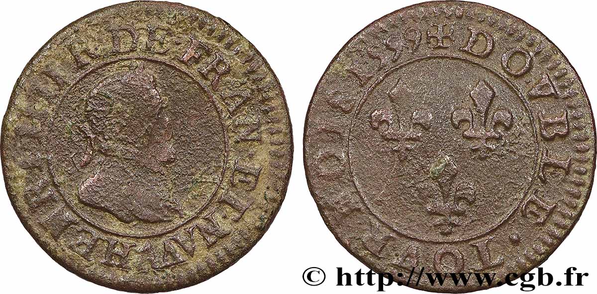 HENRY IV Double tournois, 2e type de Paris (légende française) 1599 Paris, Moulin des Étuves MB/q.BB