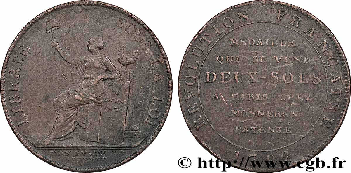 REVOLUTION COINAGE Monneron de 2 sols à la Liberté 1792 Birmingham, Soho XF/VF